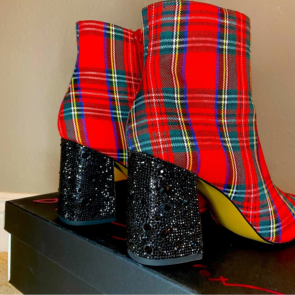 Betsey Johnson Rhinestone Heel Red Plaid Boots